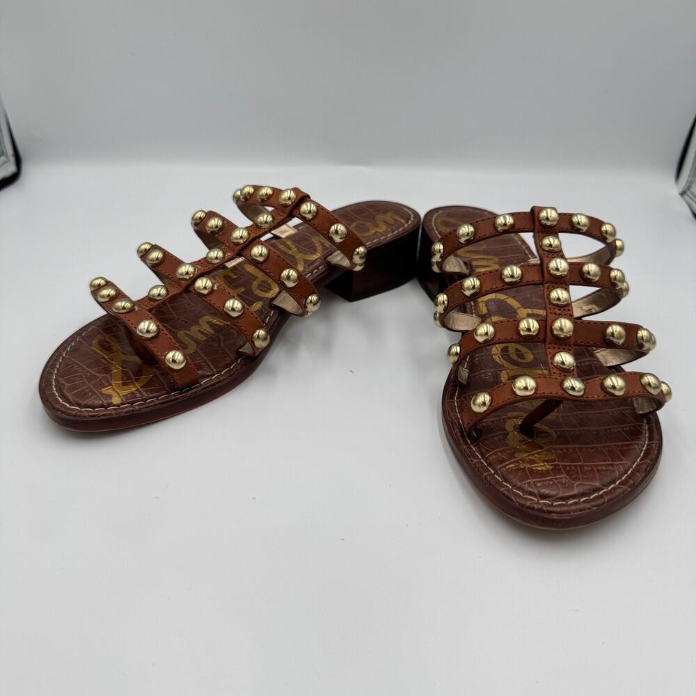 Sam Edelman Juniper Studded Gladiator Slide Sandal Brown Leather Gold 8.5 38.5 - Picture 13 of 15